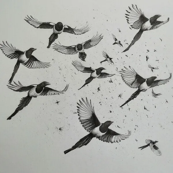 Hand-drawn illustration of magpies in flight — migration