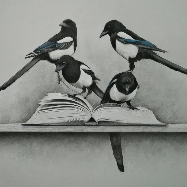 Hand-drawn illustration of magpies — training